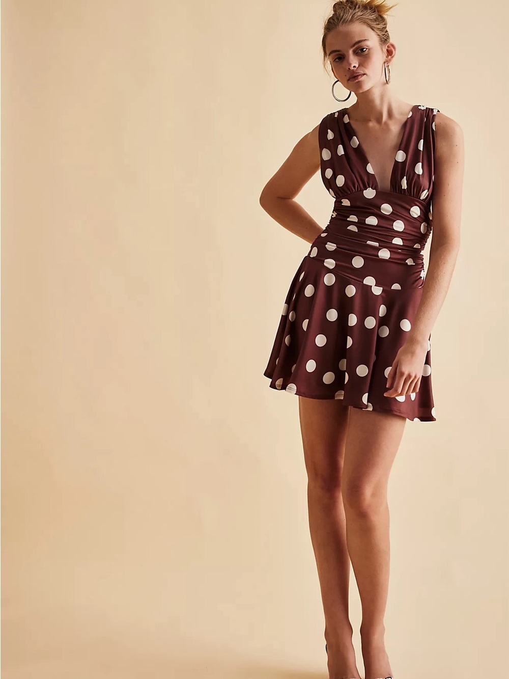 Free People Annabelle Mini Dress Chocolate Polka Dot Size L NWT